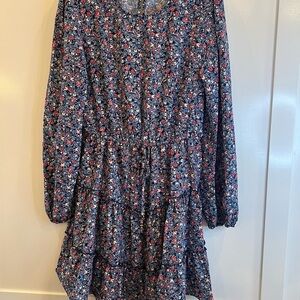 GIRL’S NAVY FLORAL SIZE XL EXTRA LARGE BUTTON HOLE, PRAIRIE SKIRT WITH RUFFLES.